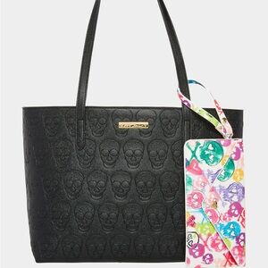 Betsey Johnson Black Skull Tote with Colorful Pouch